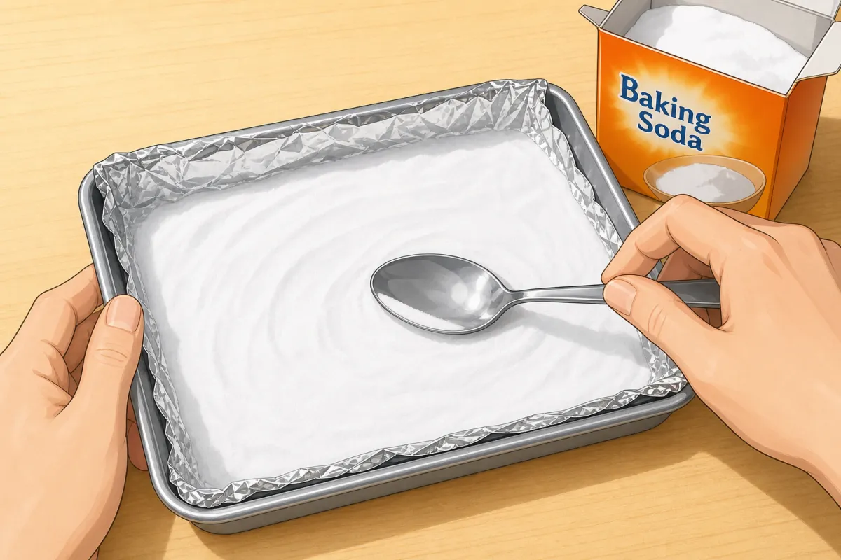 Spread the baking soda thinly on a foil-lined tray, then bake 1 hour at 120 °C.
