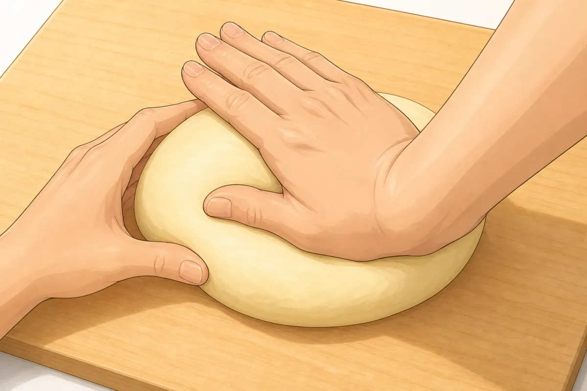 Knead hard with the heel of your hand for 5 minutes — it's a stiff dough.