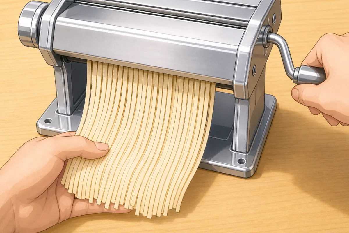 Run the sheets through the thin cutter, pulling the noodles out from underneath.