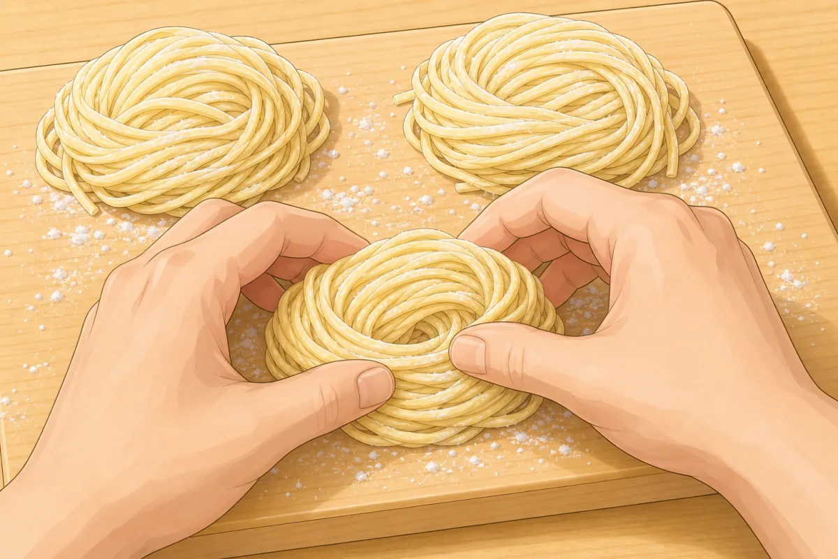 Toss with starch and shape into loose nests of about 130 g.