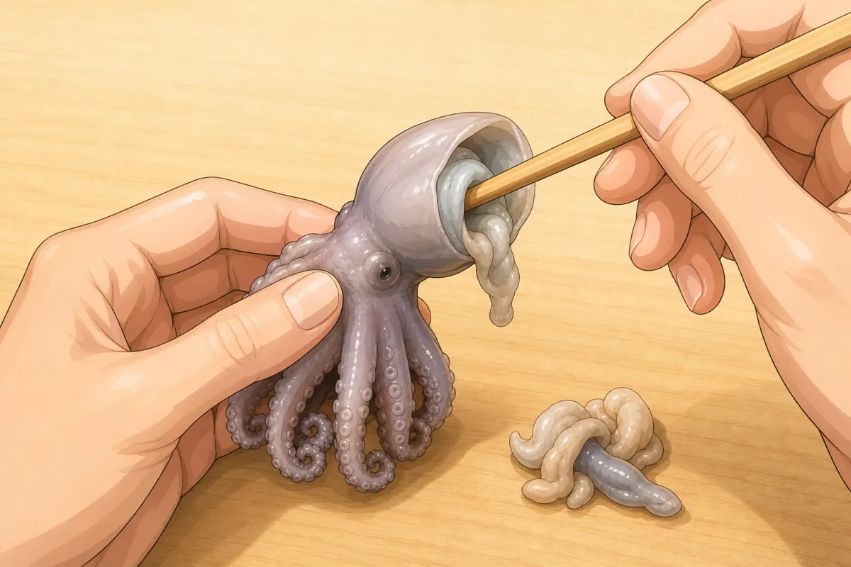 Turn the head inside out with a chopstick and pull away the innards.