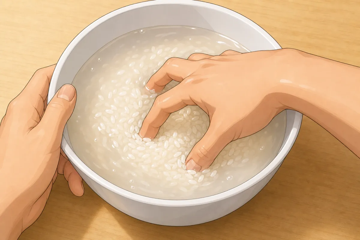 Wash the rice until the water runs nearly clear.