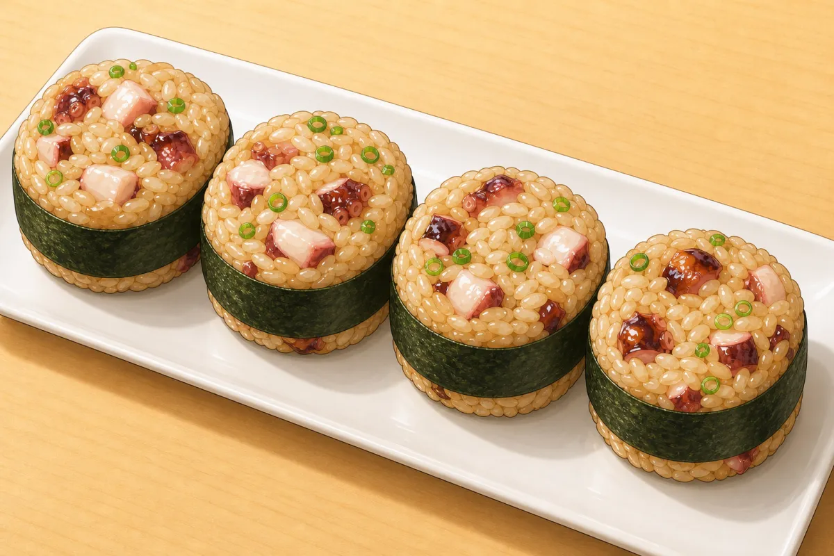 Baby octopus onigiri (takomeshi + sweet-soy iidako)