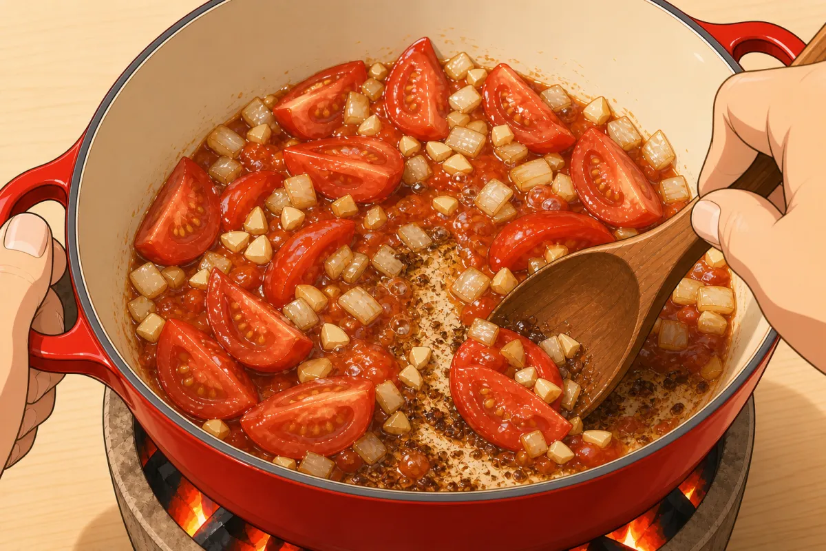 Tomatoes, onion and garlic in — scrape up the fond as they release their juice.