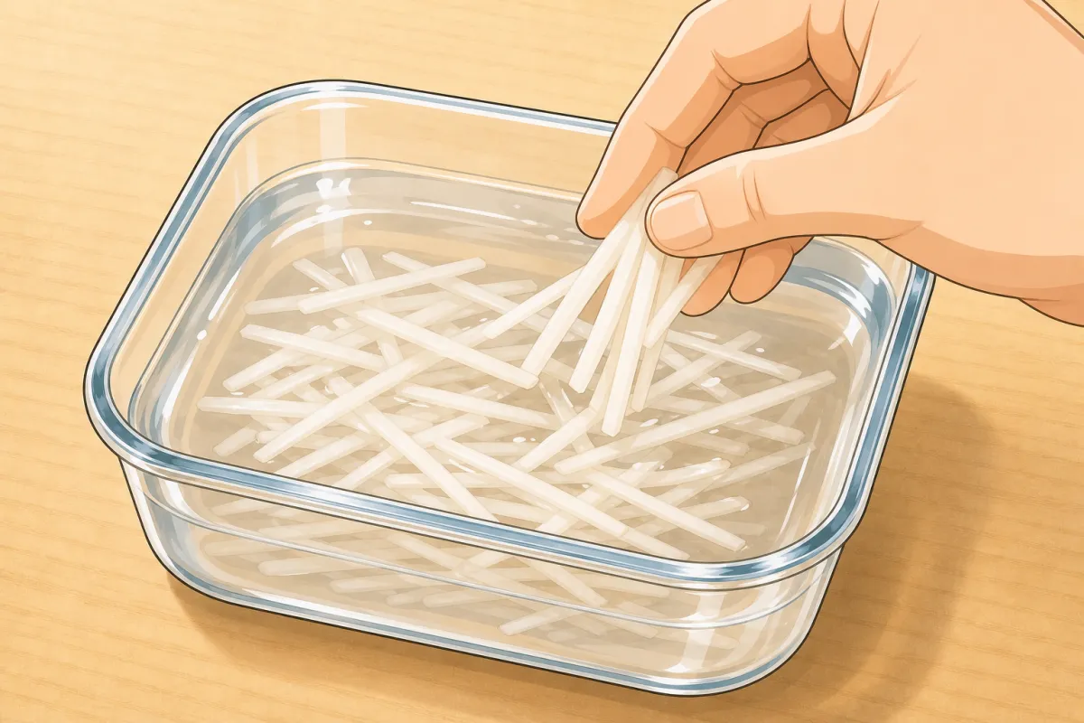 Drop the matchsticks into the sugar water so they don't brown.