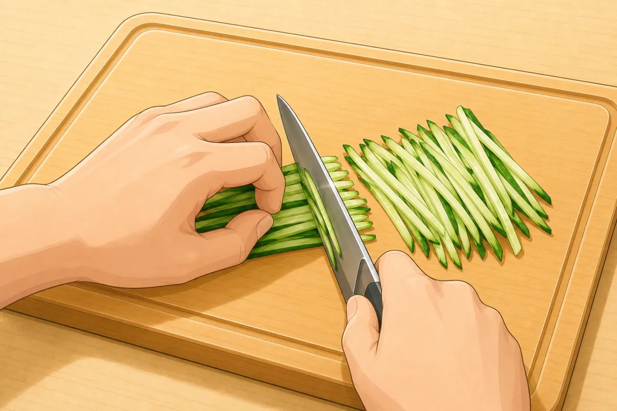 Cucumber into thin matchsticks, about 10 cm long.