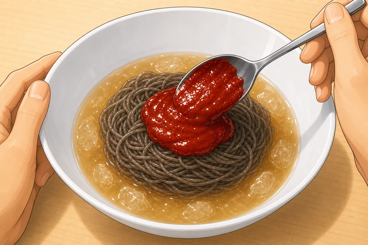 Icy broth into the bowl, sauce on the noodles, pear, cucumber, sesame and half an egg.