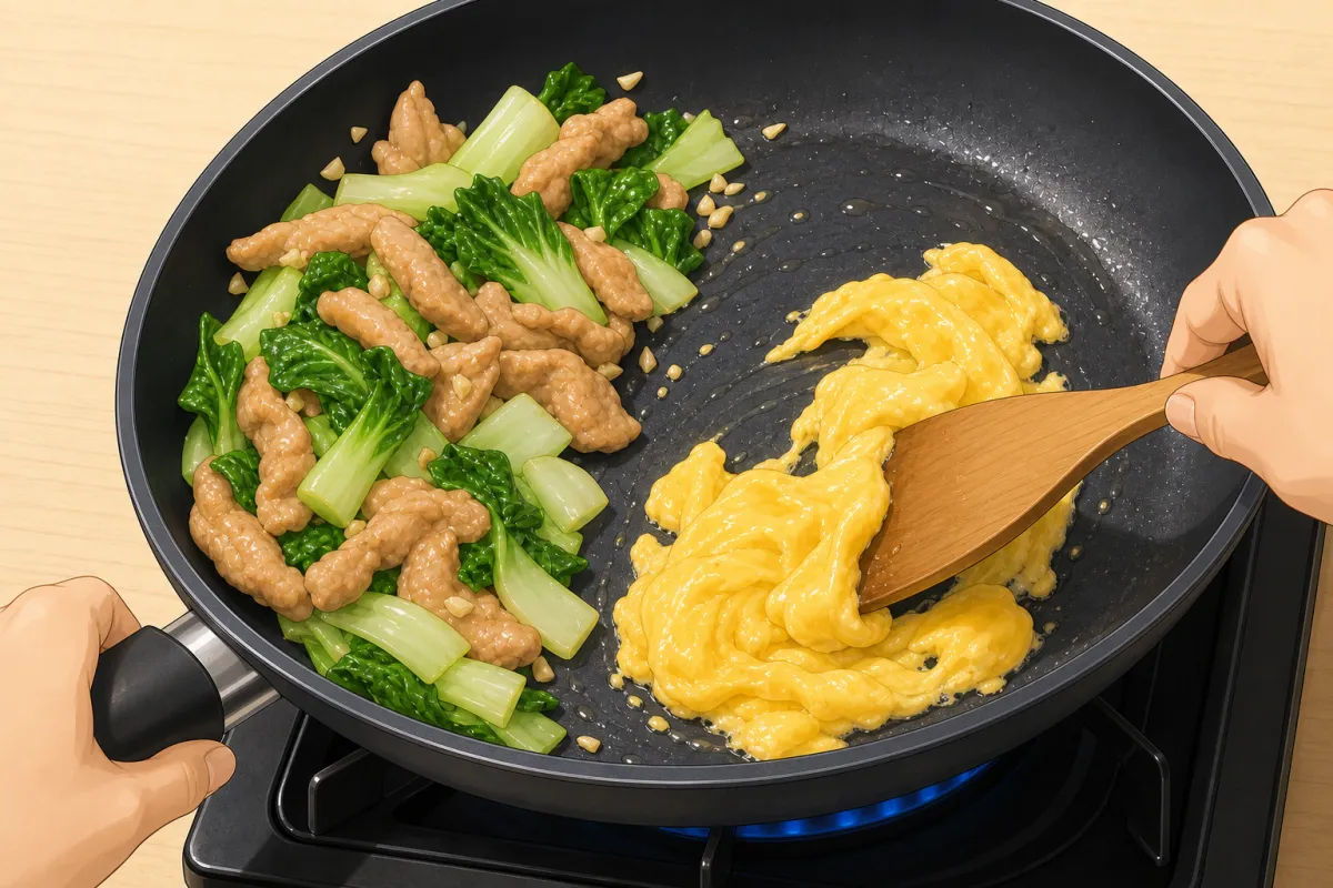 Push everything to one side and scramble the egg in the gap.