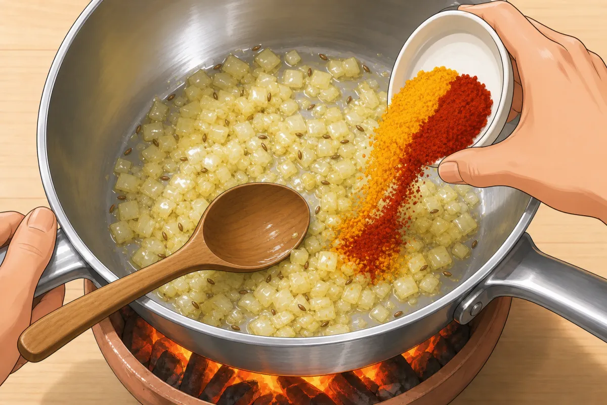 Stir constantly for 30–60 seconds to toast the spices.