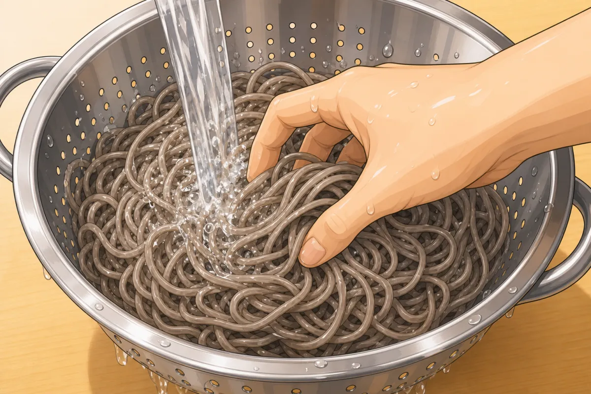 Cook 30 seconds under the packet time, then rinse cold, rubbing off the starch.