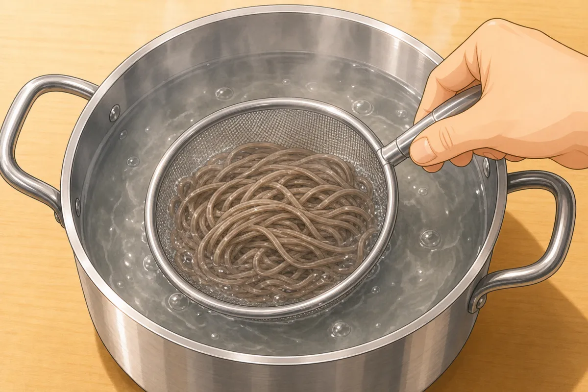 Re-warm for 5–8 seconds in boiling water, then drain well.