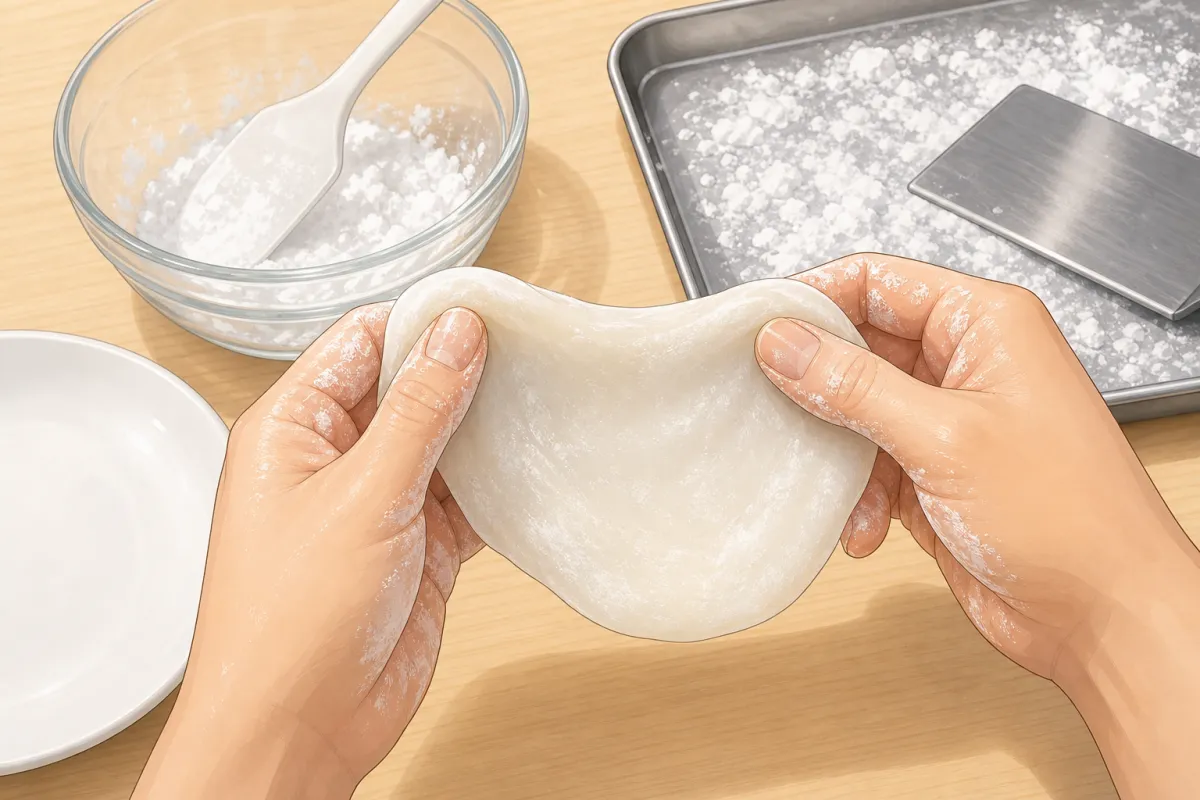 Stretch a piece into an 8 cm disc, edge thinner than the middle.
