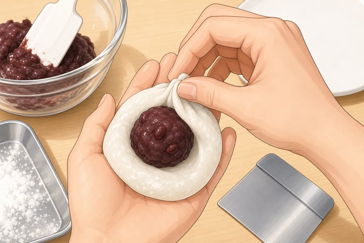 Anko ball in the middle; pleat the edge up over it and pinch shut.