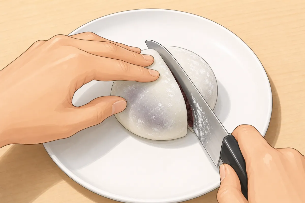 Brush off the loose starch; cut with a wet knife to show the inside.