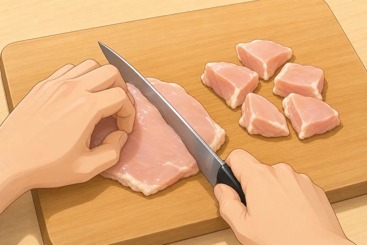 Нарежьте курицу кусочками на один укус.