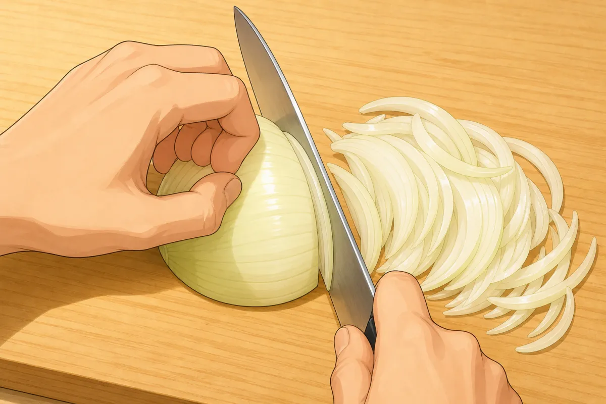 Slice the onions thinly, lengthwise.