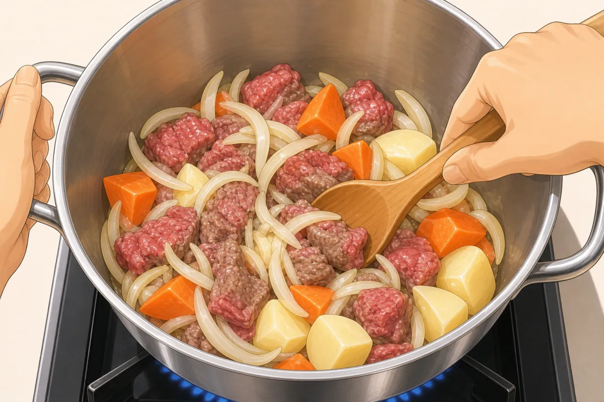 Stir-fry the beef and vegetables in the oil for about 5 minutes.
