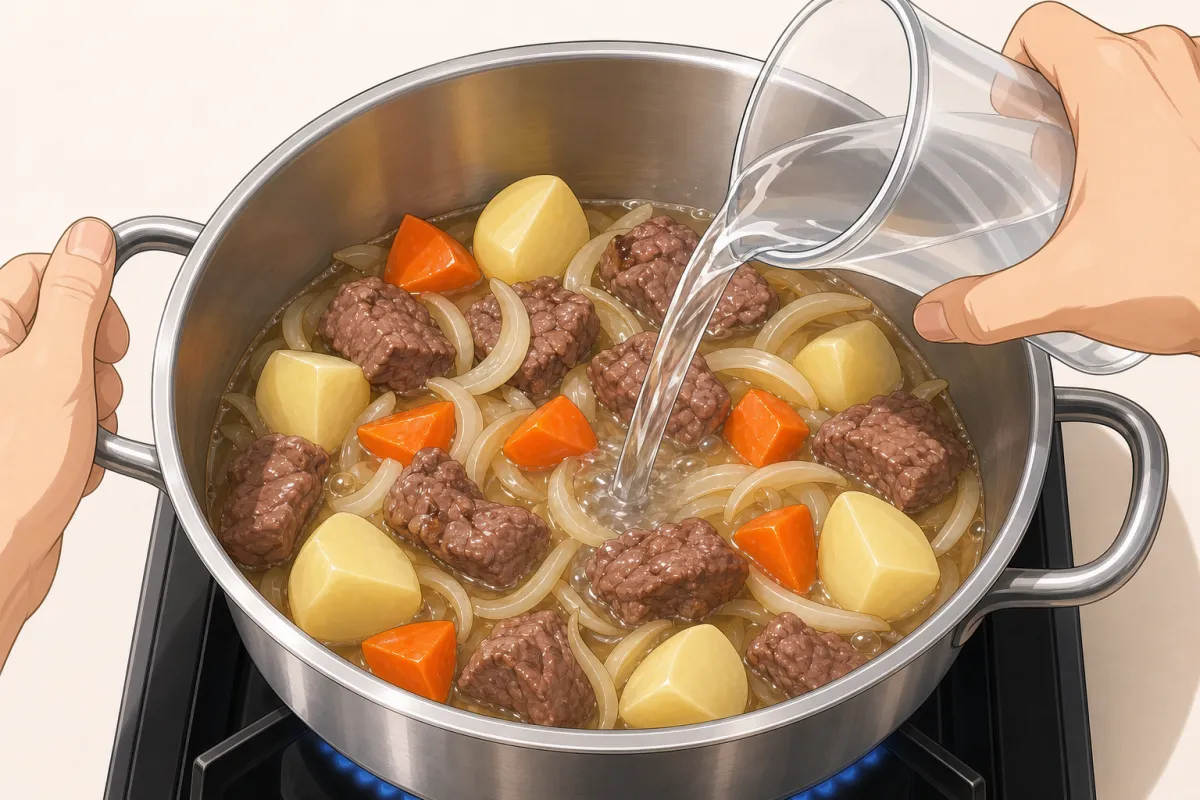 Add the water, bring to a boil, then cover and simmer.