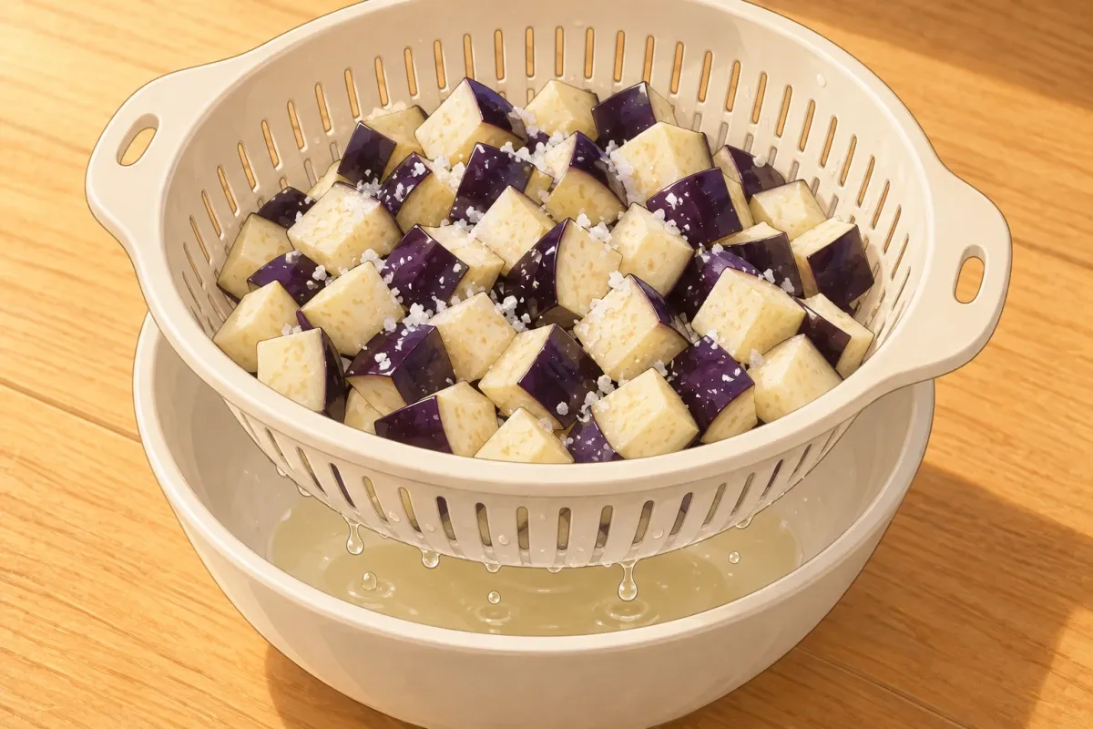 Salt the 1 cm eggplant cubes, leave for 10 minutes, then squeeze them firmly.