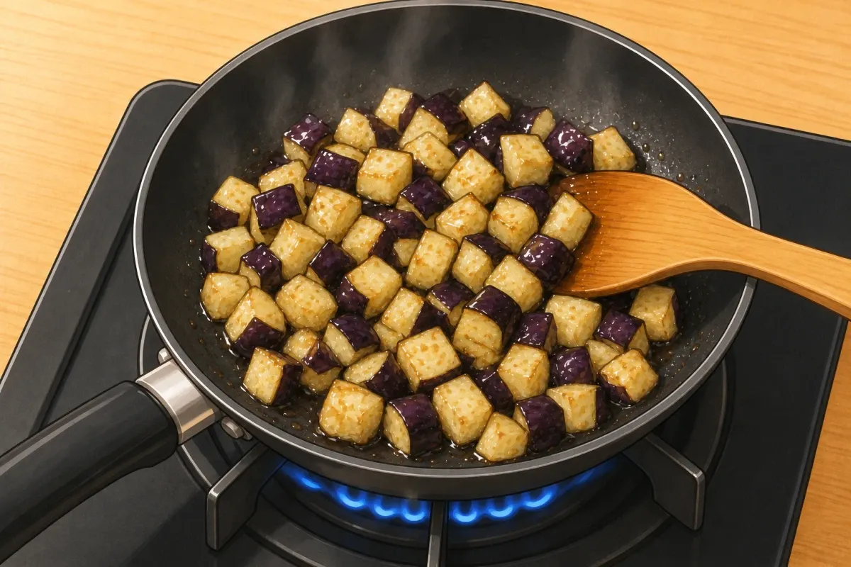 Fry the squeezed eggplant in oil over medium heat for 4 minutes before adding soy, sugar and sake.