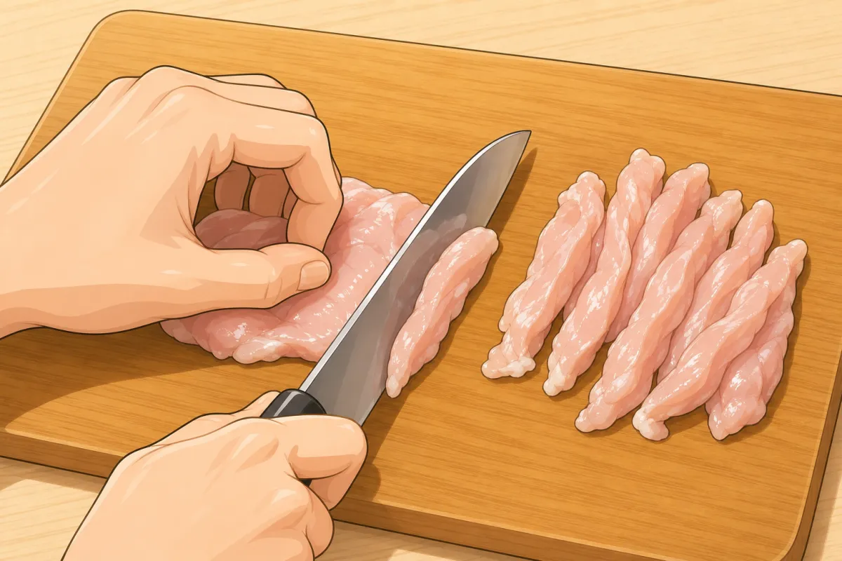 Slice the chicken into thin strips — fingertips tucked.