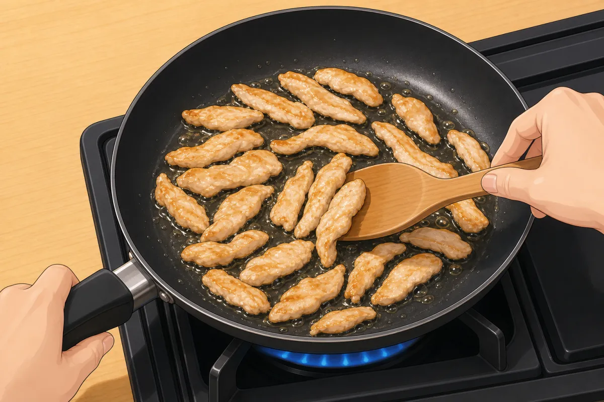 Hot pan, half the oil: spread the chicken out, brown it, then turn.
