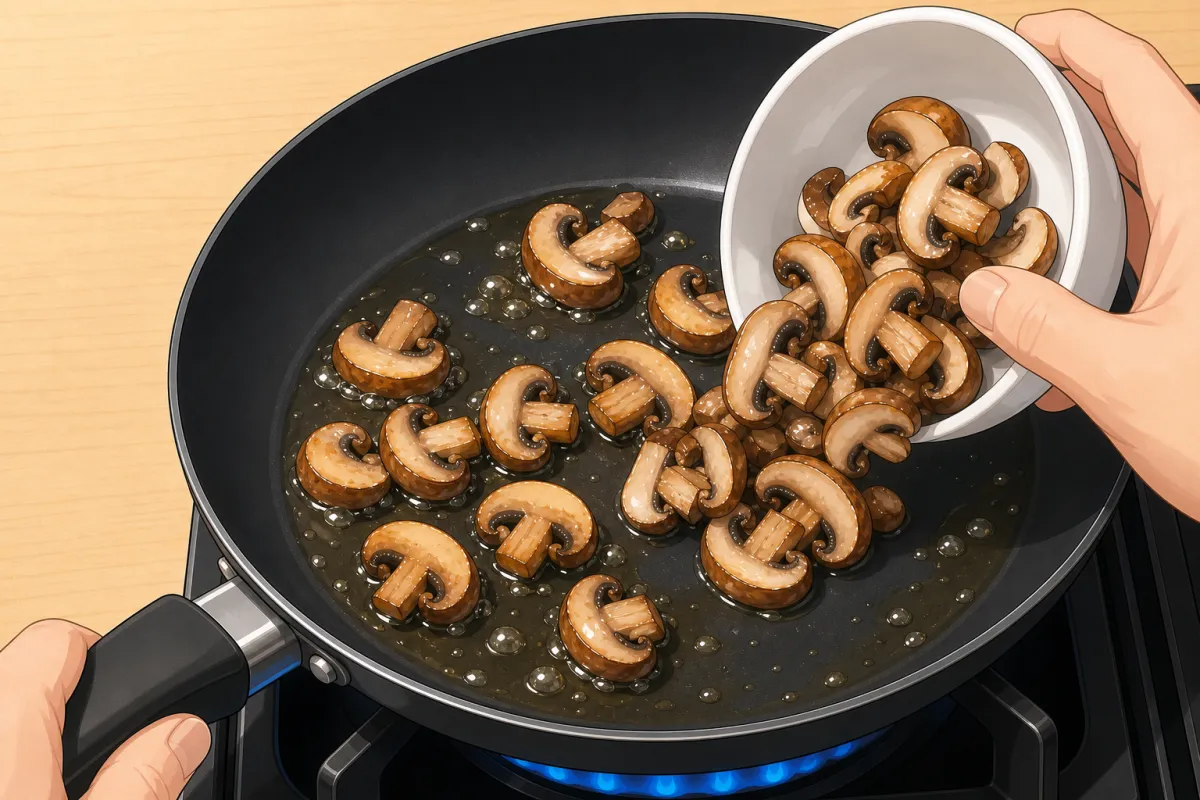 Rest of the oil, then the mushrooms — leave them a moment before stirring so they brown.