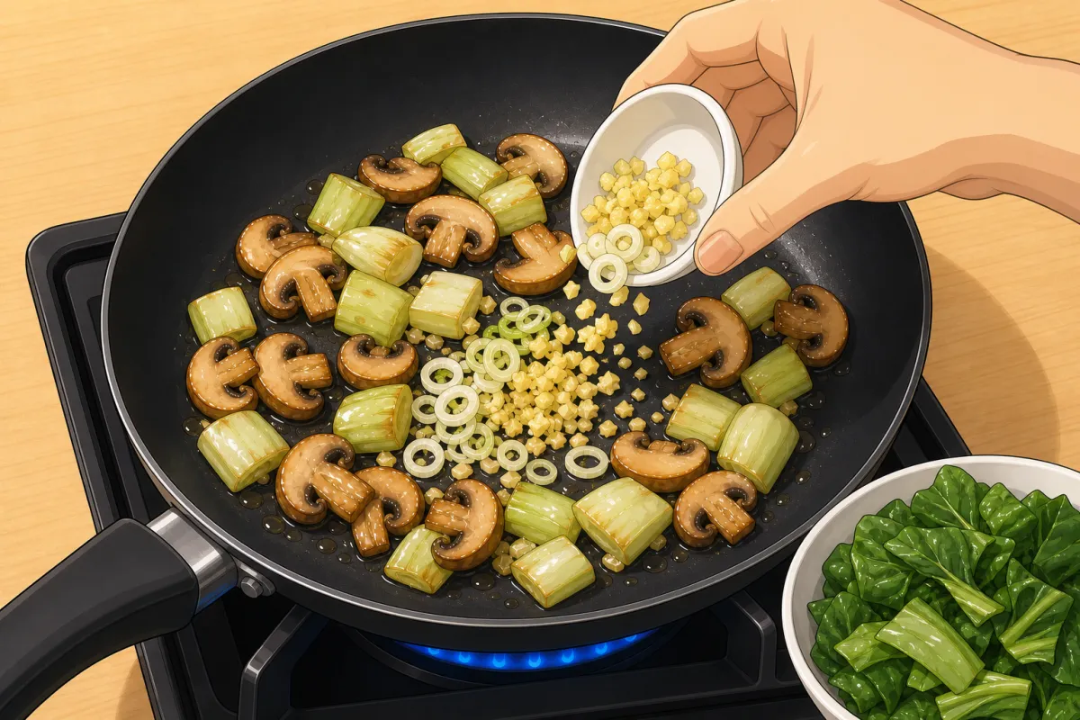 Stems first, then garlic, ginger and the spring-onion whites for 30 seconds, then the leaves.