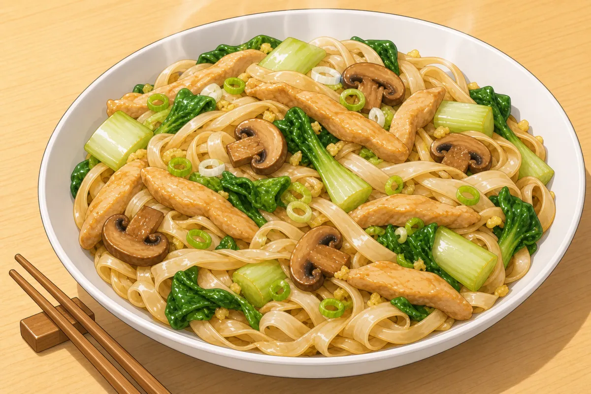Лапша с курицей, чесноком и имбирём