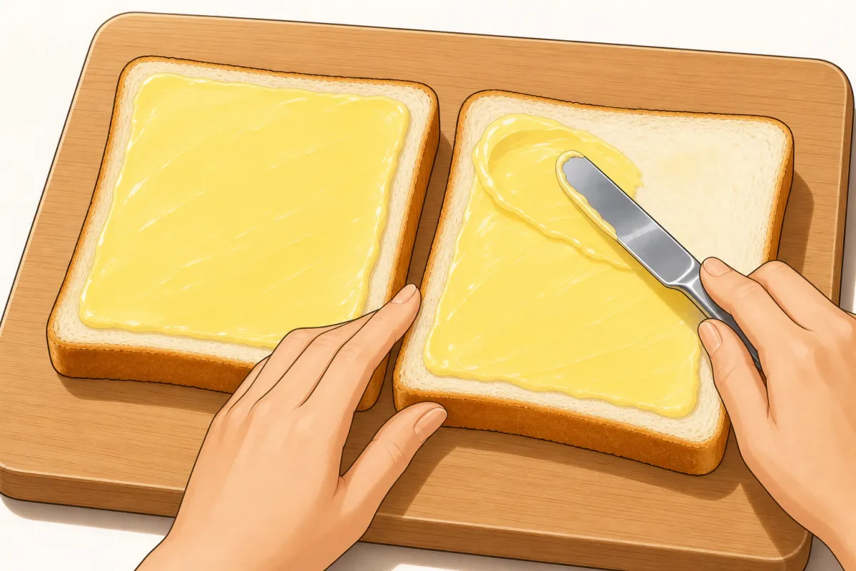 Spread soft butter from edge to edge on one side of each slice.