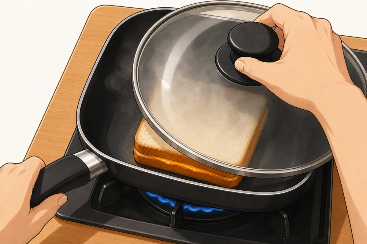 Cover the pan. Cook until the underside is deep golden and the cheese at the edge slumps.