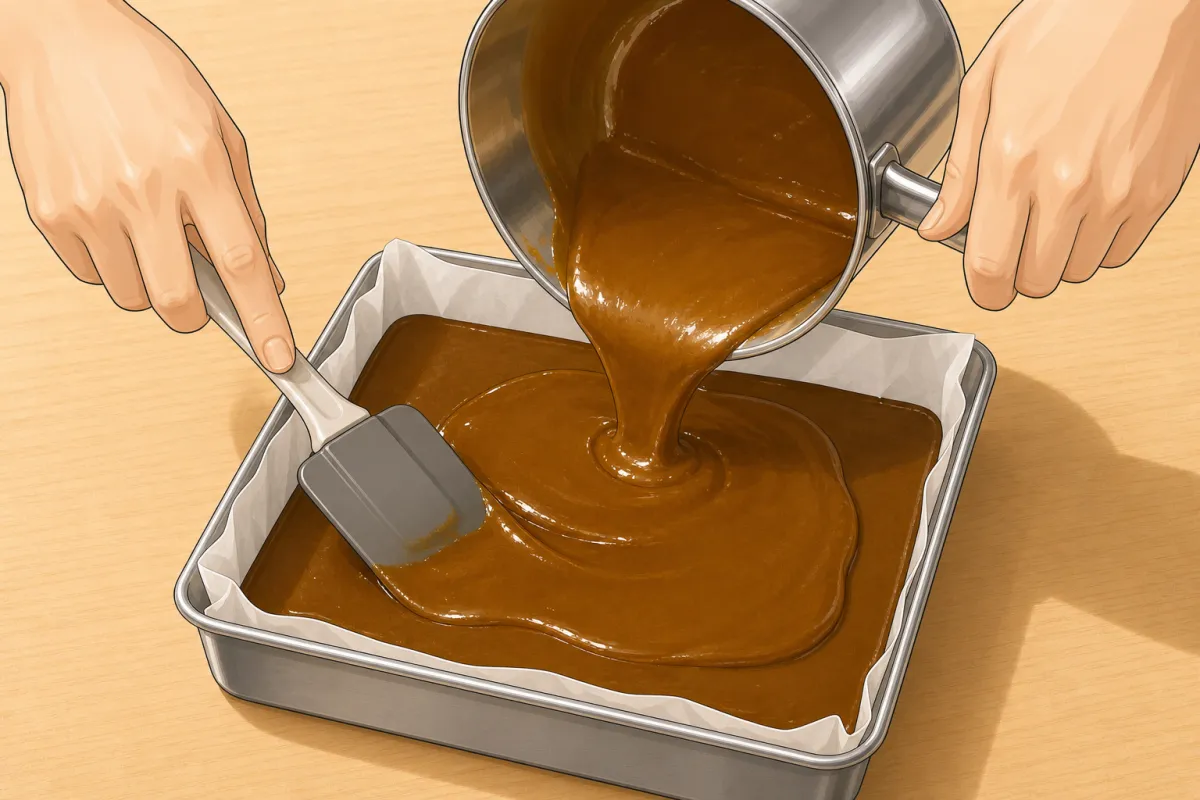 Pour into the lined pan and spread it in one even layer.