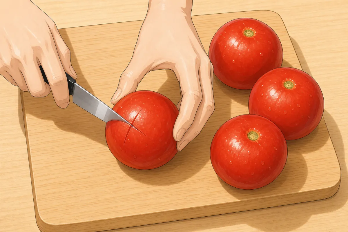 Score a shallow cross in the skin of each tomato.