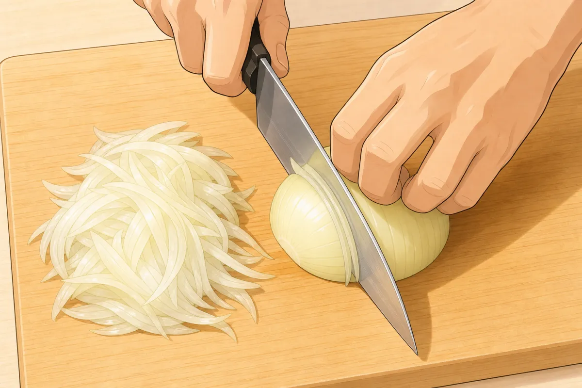 Slice the onion very thinly.