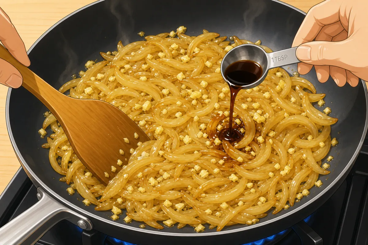 Heat down to medium: garlic and ginger in, stir, then the soy sauce.