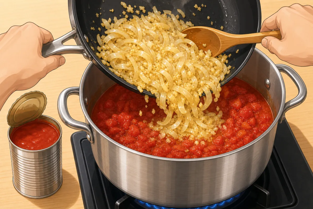 Tip the onion mixture into the big pot with the diced tomatoes; add ½ can of tomato sauce.