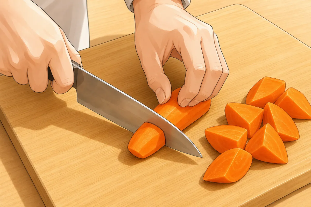 Rangiri: cut the carrot on an angle, roll it a quarter turn, cut on an angle again.