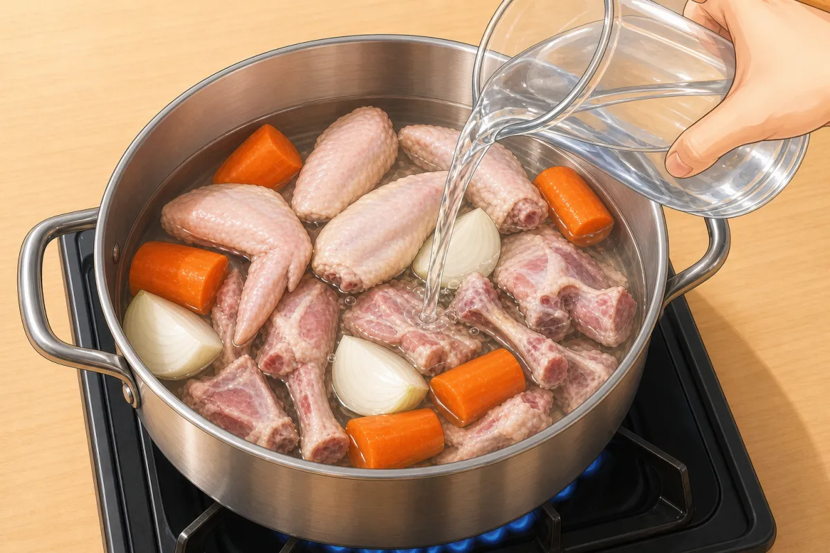 Bones, wings, quartered onion and big carrot chunks into the pot — then just cover with cold water.