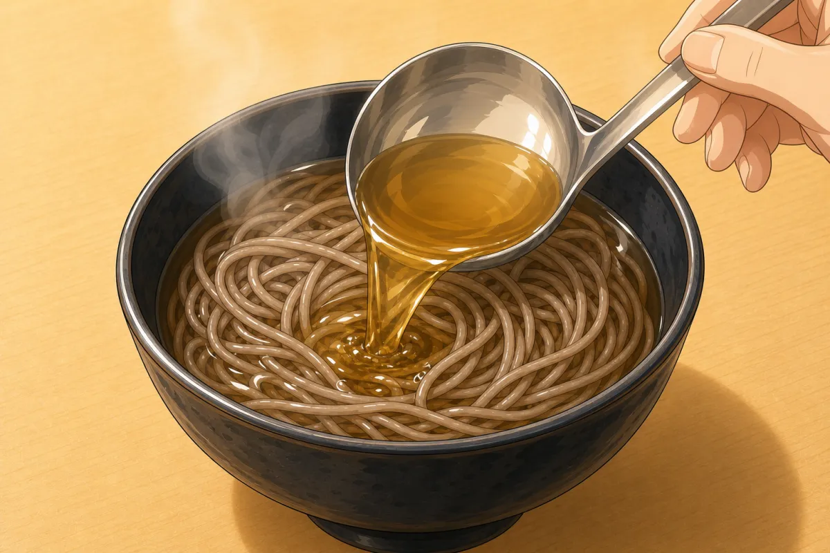 Pour the piping-hot broth over the noodles.