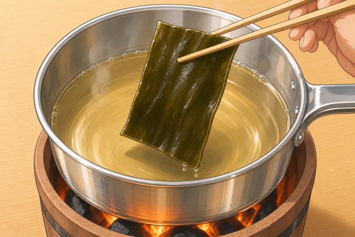 Just before it boils, lift the kombu out.