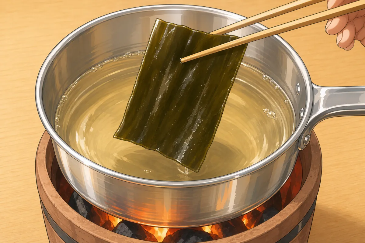Heat; kombu out before the boil