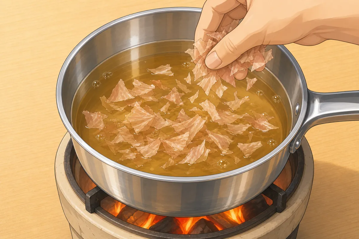 Bonito flakes in, 30 seconds, heat off — let them sink.
