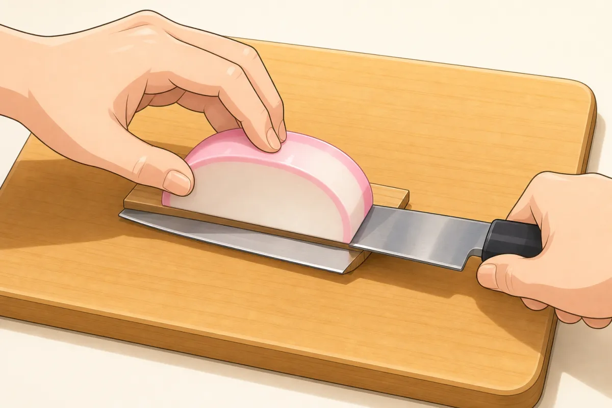 Free the kamaboko from its board, then cut 6 mm slices.