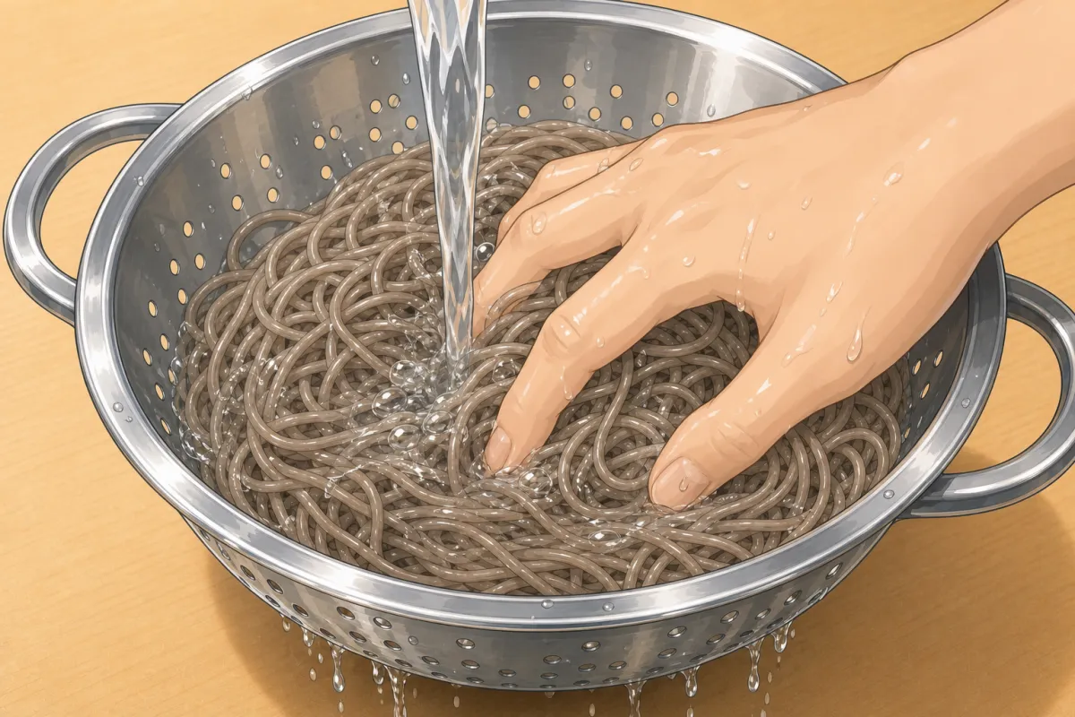 Cook 30 seconds under the packet time, then rinse cold, rubbing off the starch.