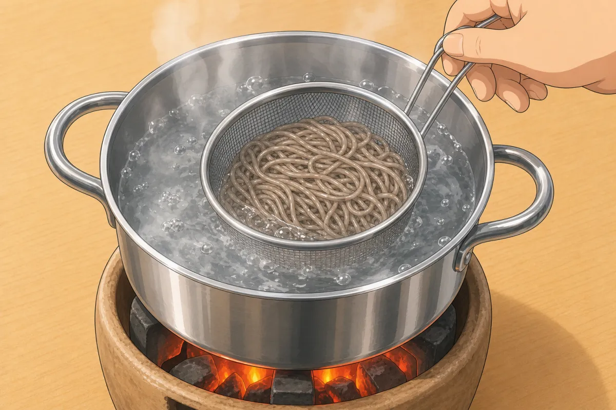 Re-warm for 5–8 seconds in the second pot of boiling water.