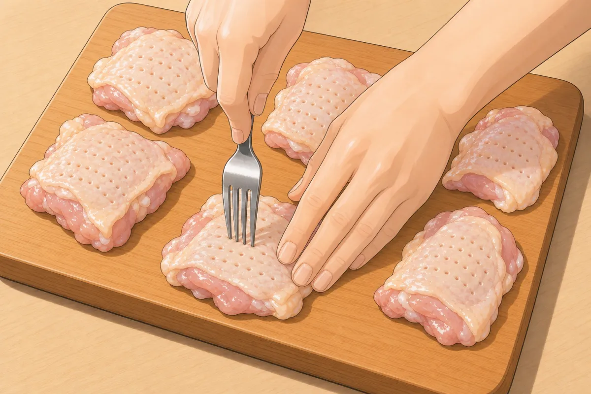 Poke every piece all over with a sharp fork — both sides — so the marinade gets in.