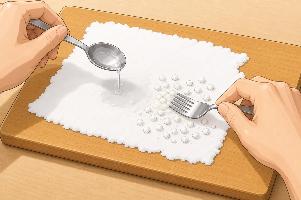 Drizzle a little water over part of the starch and work it with a fork into small crumbs.