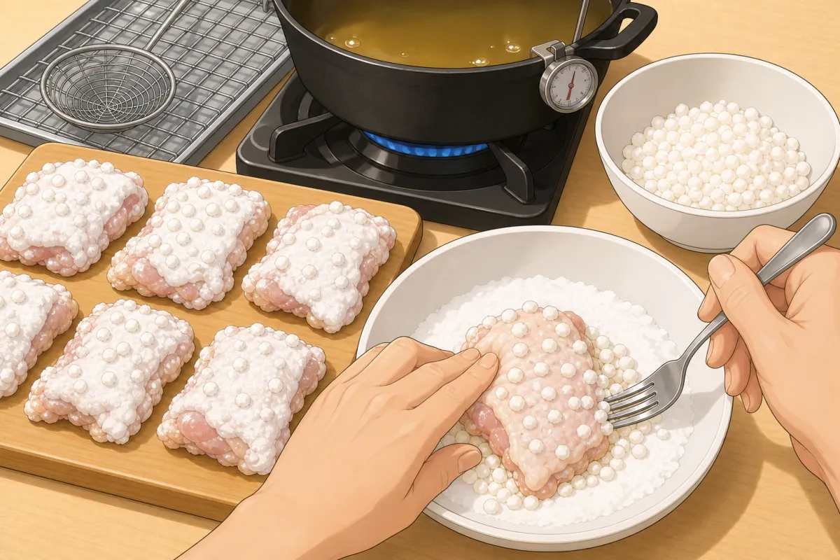 Roll each piece in the starch and press it onto the crumbs so they stick.