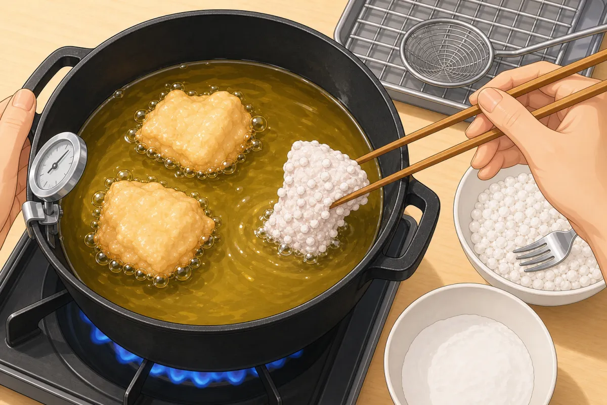 Lower the pieces in one at a time, away from you — don't crowd the pot.