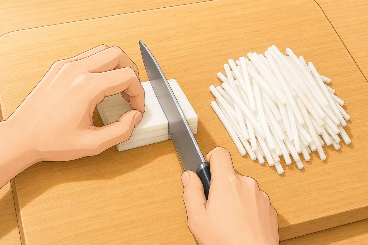 Stack a few planks and cut them into 0.3 cm matchsticks.